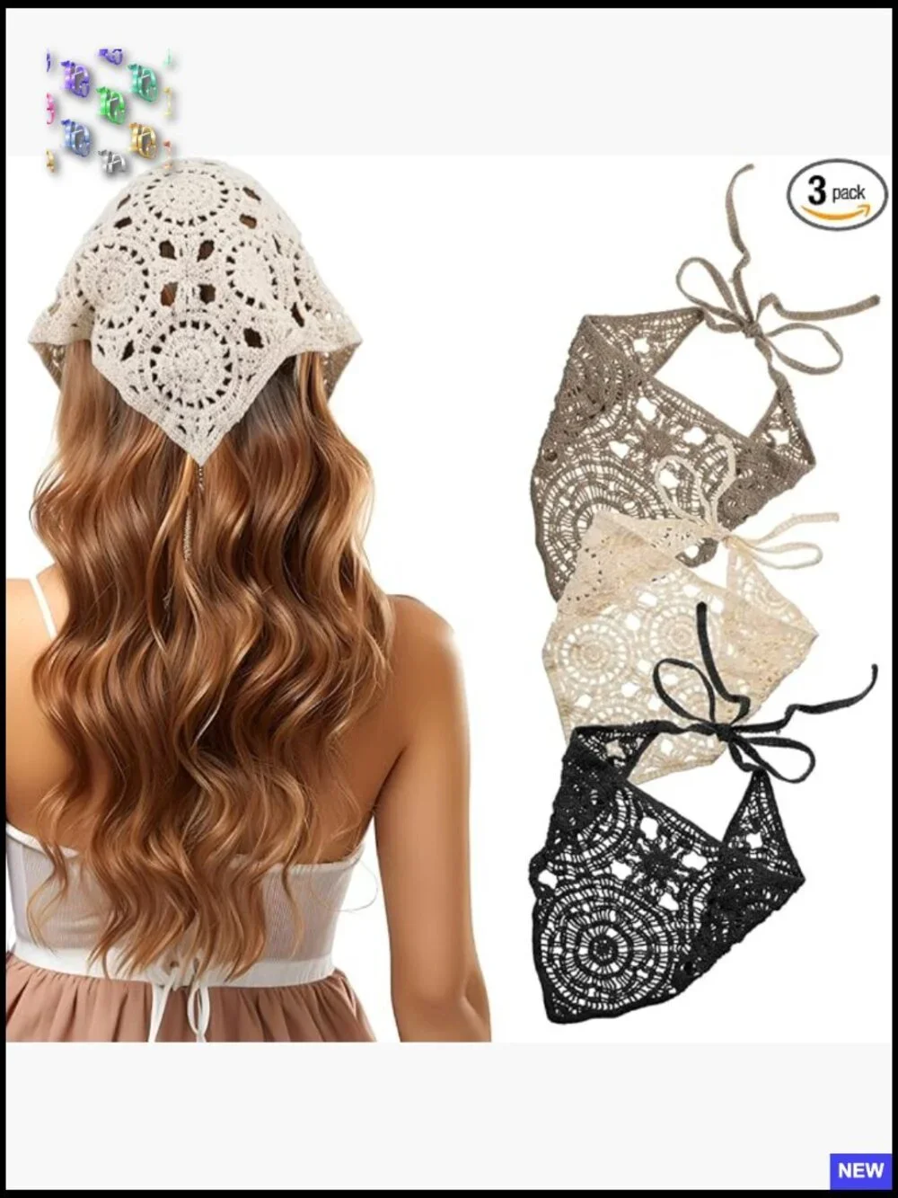 Vintage Crochet Head Scarf Set Boho Chic Y2K Hair Accessories Adjustable